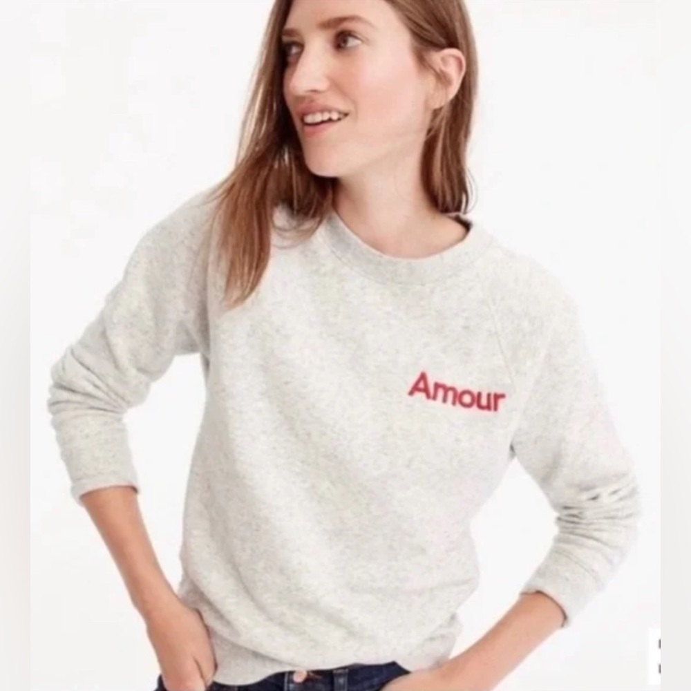 J. Crew "Amour'" Heathered Gray Sweatshirt With‎ Red Embroidery Lettering